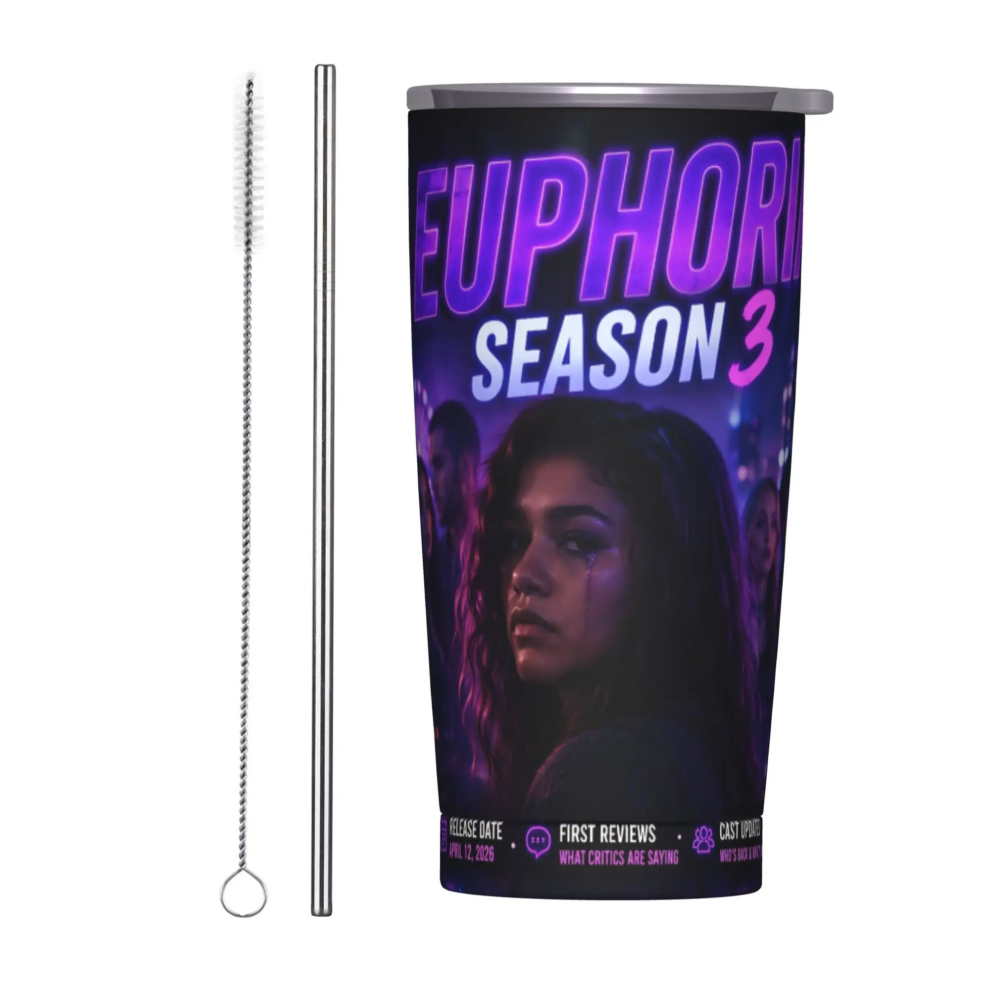 Euphorias Saison 3 – Gobelet isotherme avec couvercle et pailles – Tasse thermique en acier inoxydable à double paroi – Bouteille de voiture 20oz