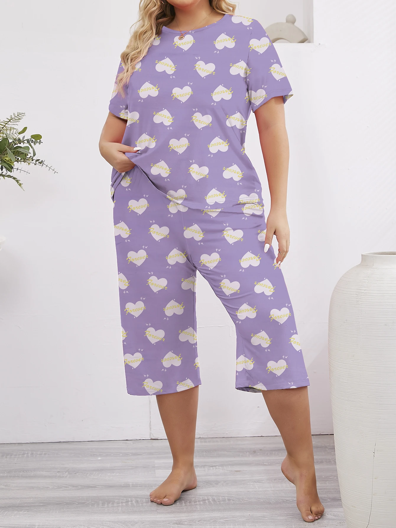 Large casual women\'s sleepwear set cute love printed purple T-shirt&cropped pants home clothes 2-piece set