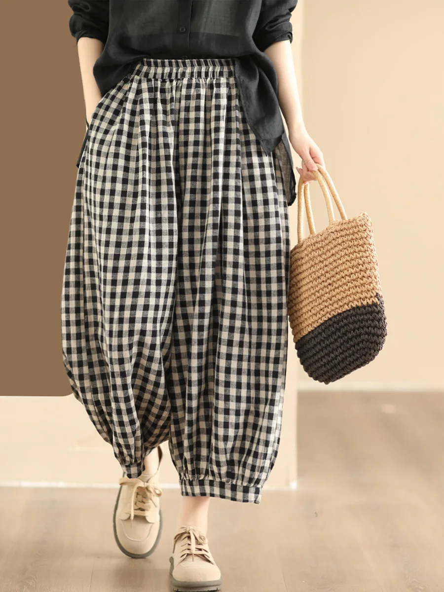 

Женские брюки-шаровары из хлопка и льна в стиле ретро с цветным плетением, на резинке, облегающие, повседневные, свободные, для работы и отдыха