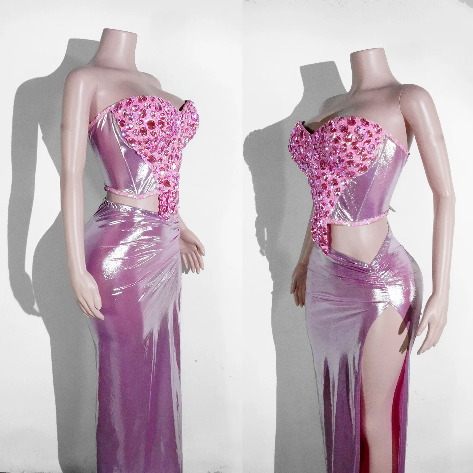 فستان من قطعتين غير متماثل من الماس الوردي اللامع بتصميم GOGO للسيدات مثير بدون حمالات تنورة علوية تناسب أداء الرقص الزي