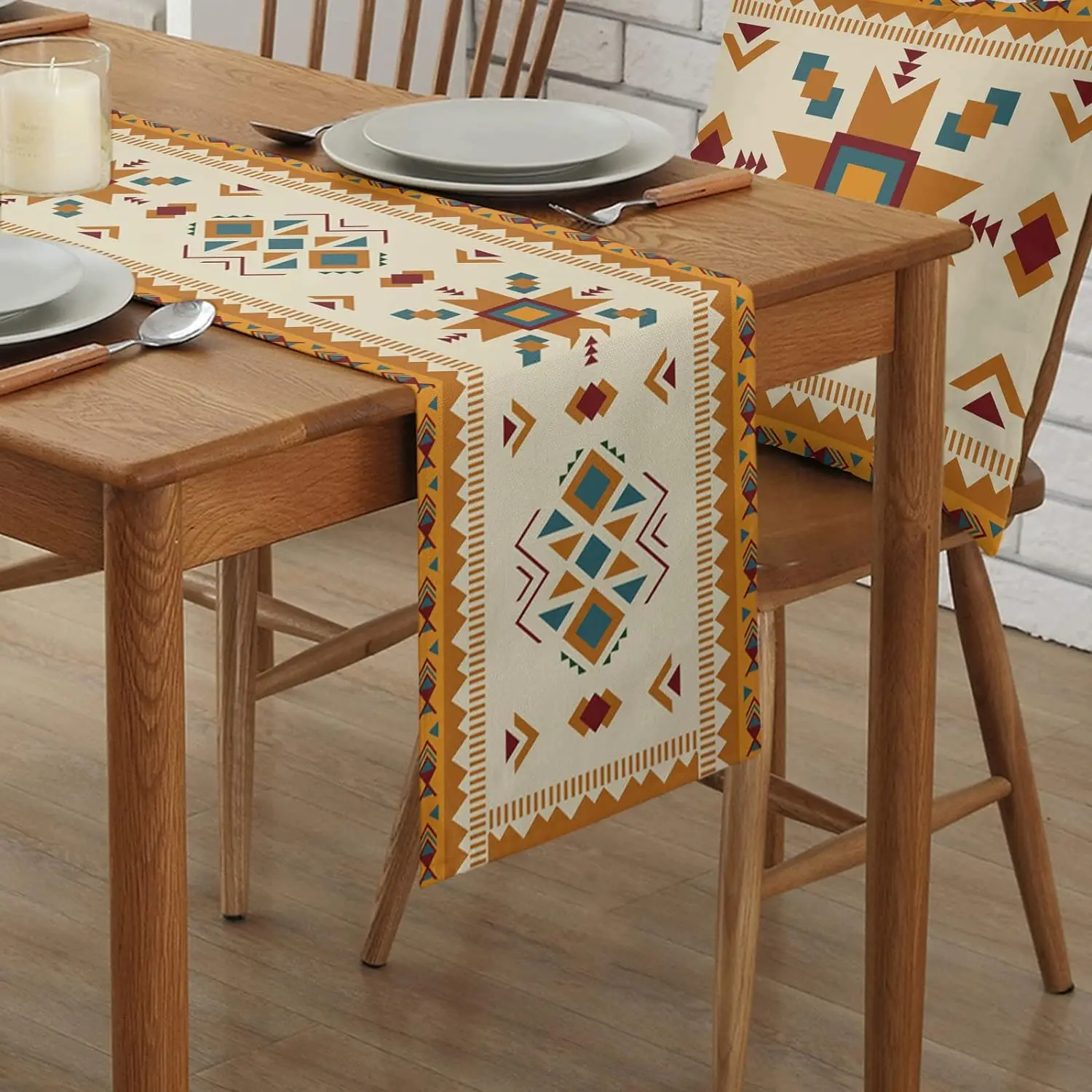 Southwest Orange Blue Ethnic Art Linen Table Runner Dresser Scarves Reusable Kitchen Dining Table Runners Wedding Party Decor