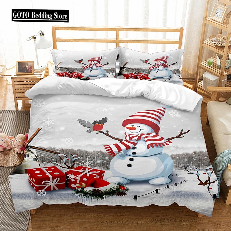 

3 Pc Duvet Cover Christmas Series Snowman Red Hat Gift Print Festive Bedding Set for Kids and Adults Single Double Queen 220x240