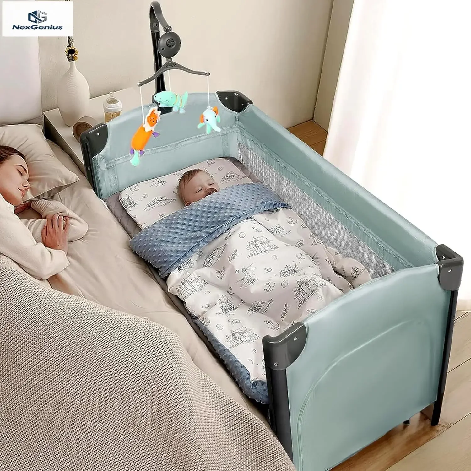 

3 In 1 Baby Bassinet Bedside Sleeper Playpen Crib Travel Bed With Mattress Sheet Wheels Brake Carry Bag Foldable Convertible