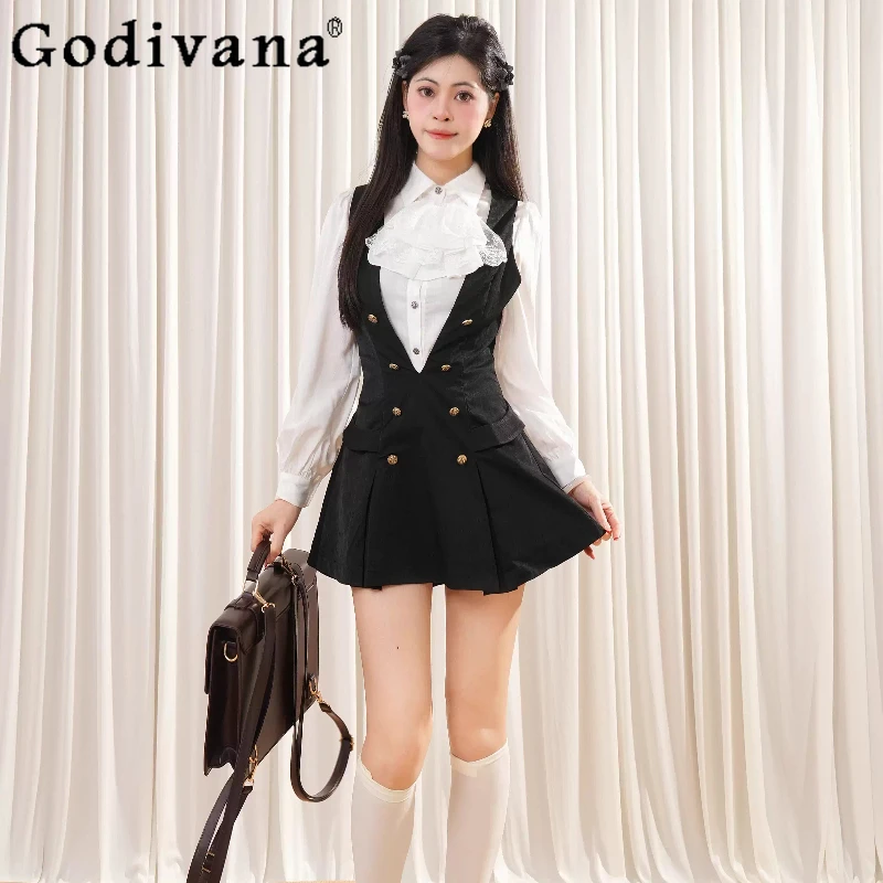 

Women's Japanese Style Outfits Off White Shirt Black Double Breasted Strap Dress Set Female Autumn Lolita Sweet Dress Suits
