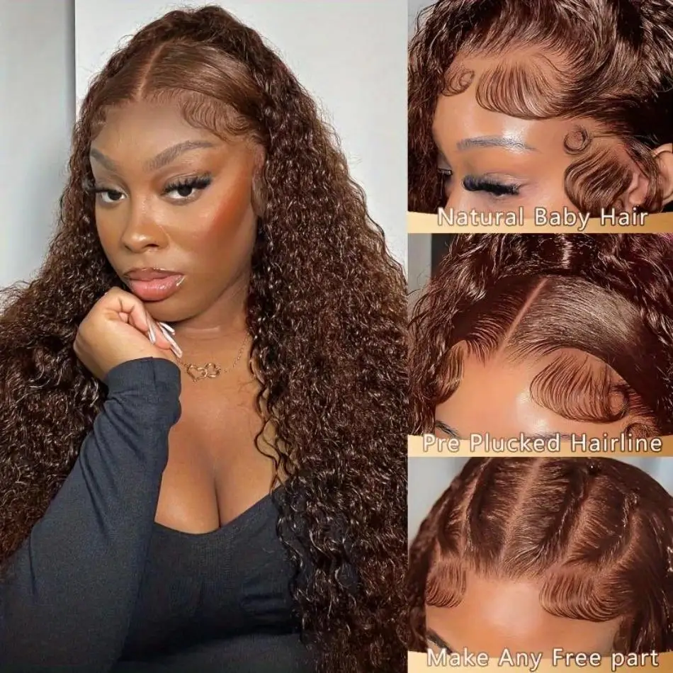 Wiggogo Chocolate Brown Curly Lace Front Wig 100% Human Hair Pre Plucked Deep Wave Hd Transparent Lace Frontal Wig Brazilian Wig image 2