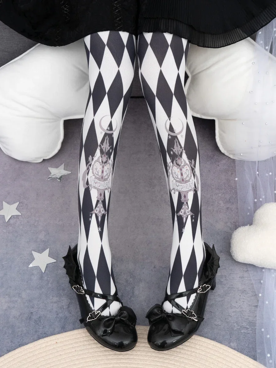 Original Lolita Thigh High Socks Diamond Plaid Retro Printed Stocking Tights Women's Spring and Autumn Leggings Gothic Pantyhose