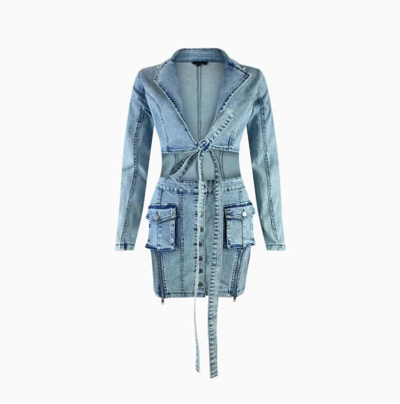 

Womens Dresses 2026 New Spring Solid Color Turn-Down Collar Long Sleeve Pocket Design Hollow Waist Lace Up Casual Denim Dress