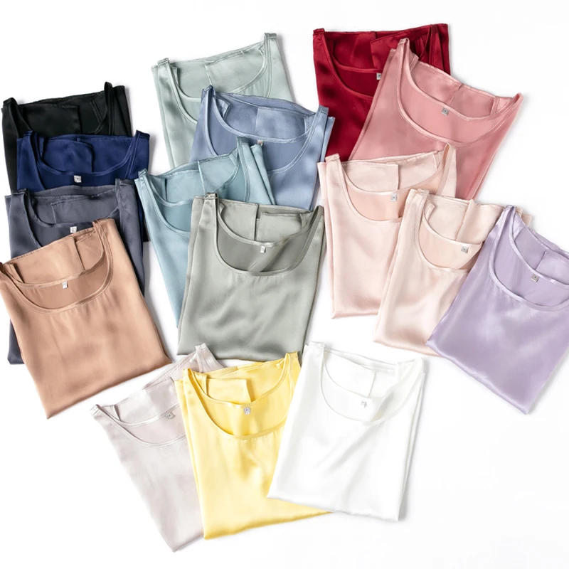 100% Mulberry Silk Women's Summer Vest Tops 2025 New Silky Satin Round Neck Sleeveless Solid Color Female Real Silk T-shirt Tank