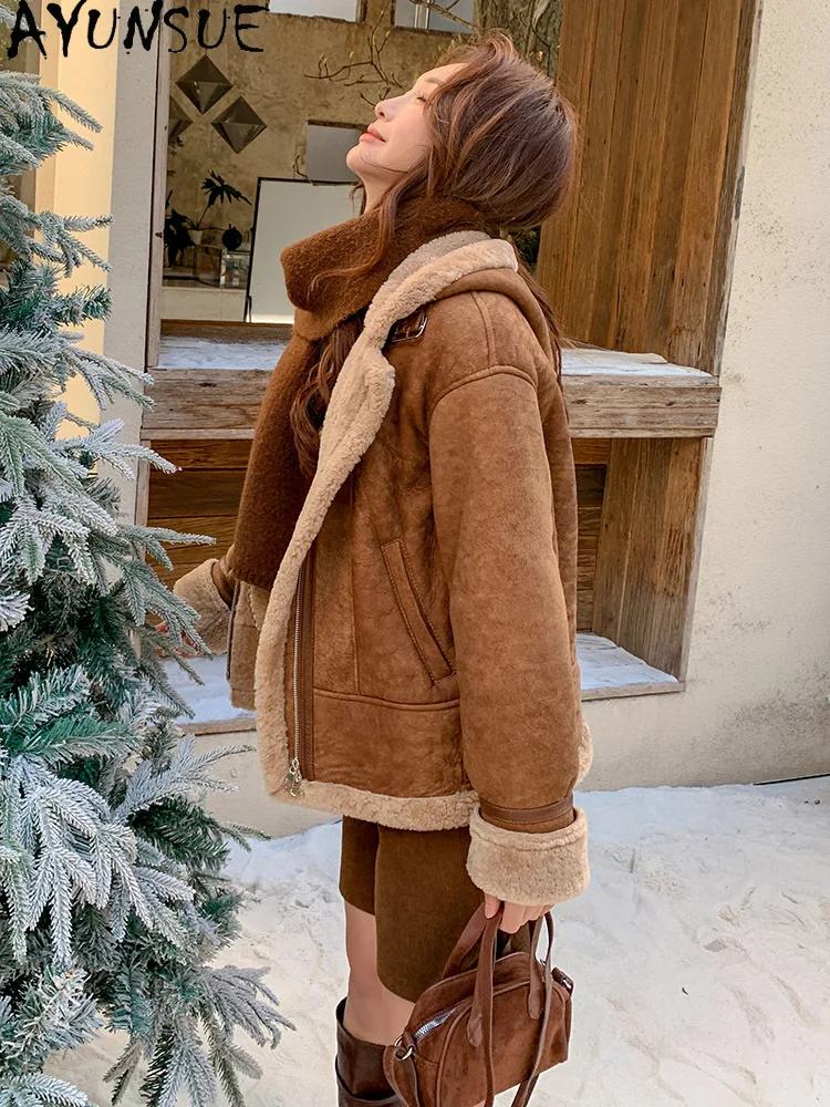 Tcyeek Prawdziwa Skórzana Kurtka Zimowa Odzież 2025 Naturalna Skóra Owcza Futro Płaszcz Damski Kurtki Motocyklowe Damskie Z Kapturem Пальто Женское