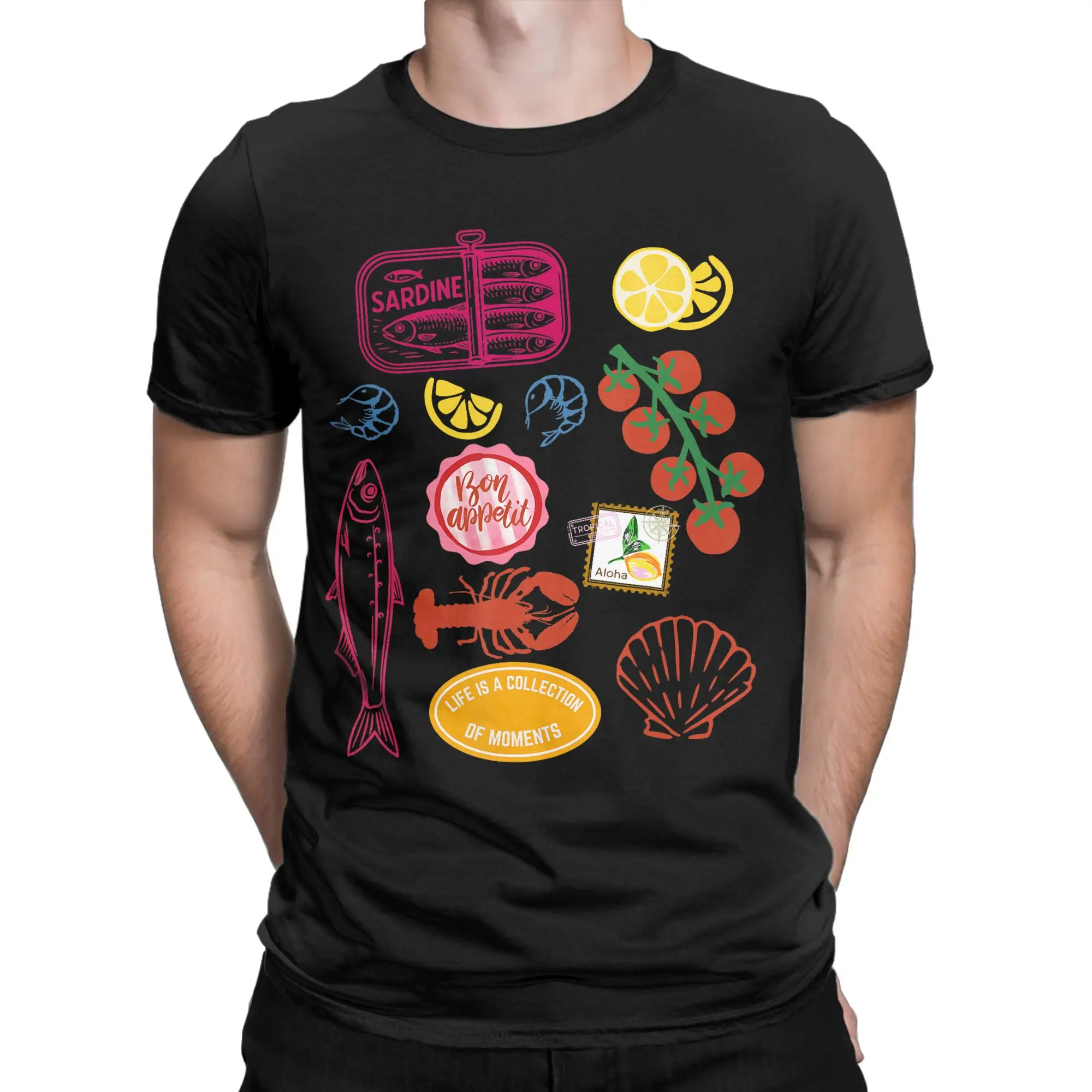 Seafood Collage Bon Appetit Vintage Mediterranean Foodie T Shirt Summer Cotton T Shirts For Men Tee Shirt Short-Sleeve Top Tees
