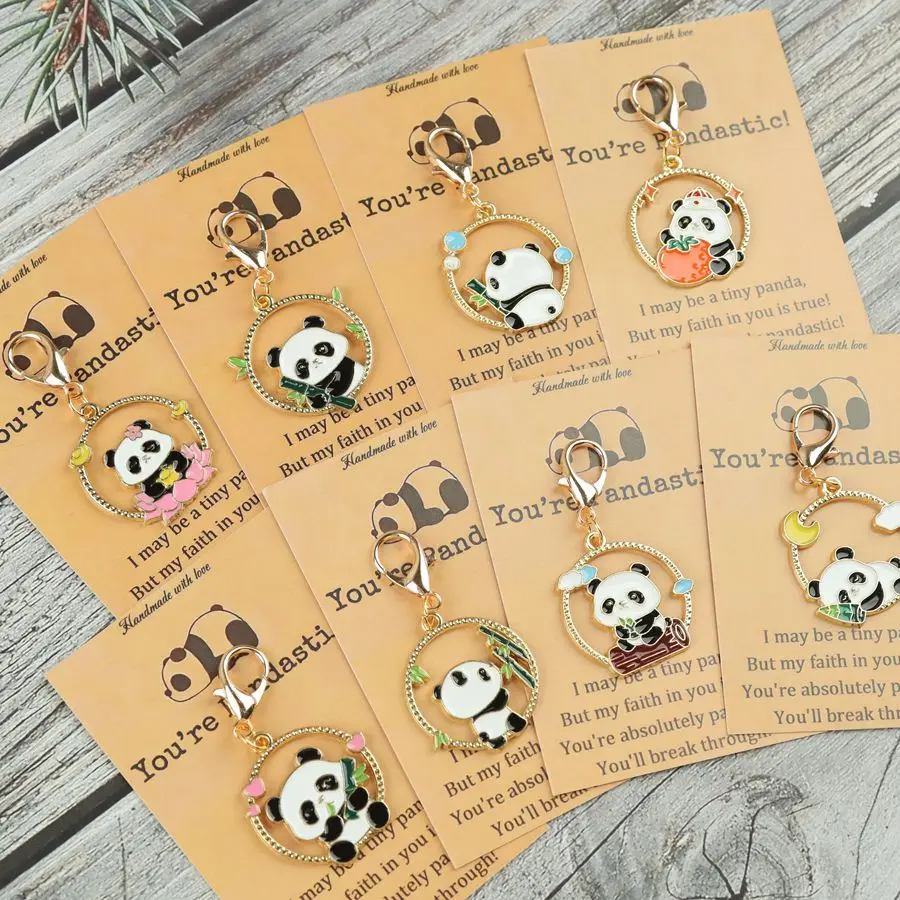 8pcs Cute Little Panda Keychain with a Motivational Greeting Card Included.