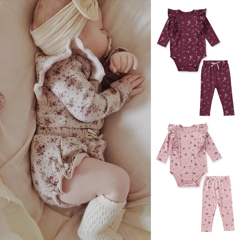

Jenny&Dave 2023 New baby long sleeved ruffled edge top, cotton baby floral bun bottoms, two-piece set wholesale