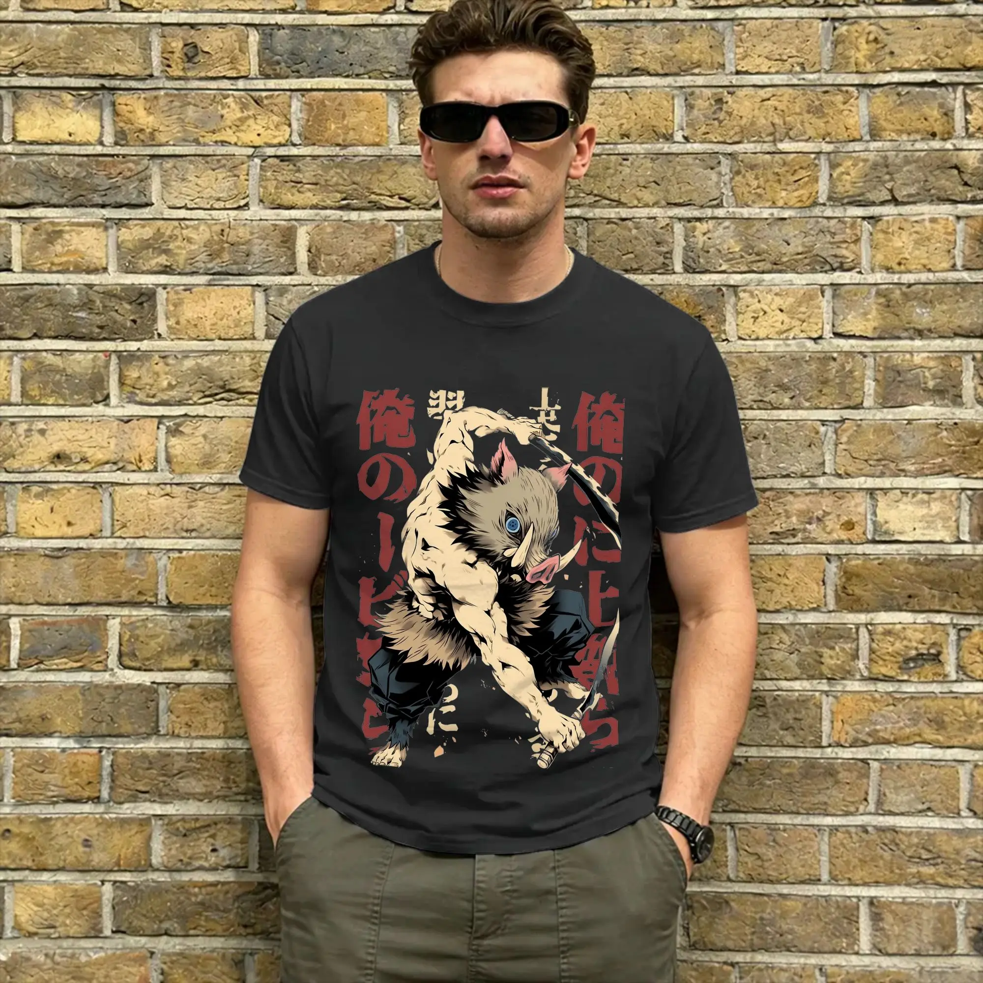 Inosuke T-Shirts for Men Demon Slayered Cool 100% Cotton Tee Shirt Round Collar Short Sleeve T Shirts New Arrival Clothes