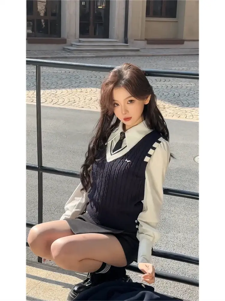 

Korean College Sle Women's Knitted Vest Set Ele Faionable f Skirt Trendy Long Sve High Waist Spring Outfit