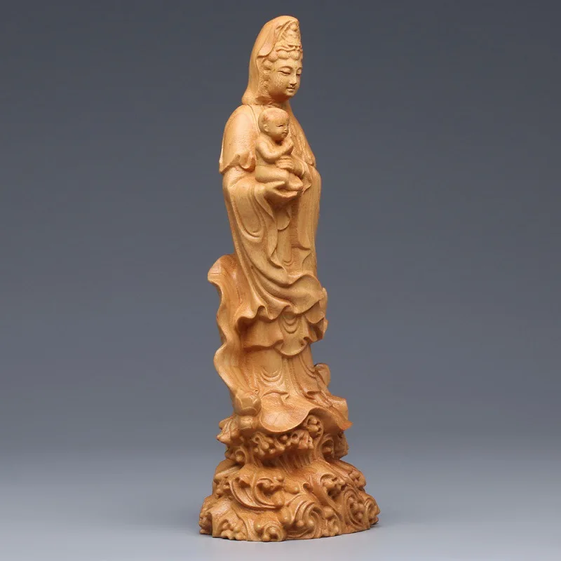 Natural Cliff Cypress Guanyin Statue Blessing for Fertility Pregnancy Home Decor Buddha Figurine Handcrafted Wooden Sculpture