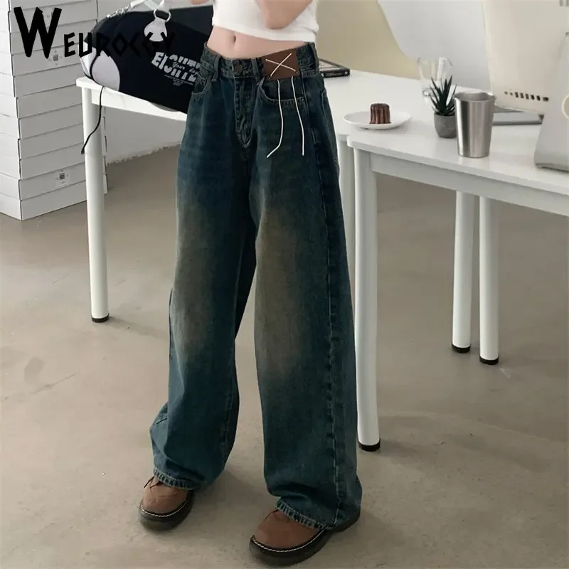 design vintage streetwear y2k baggy jeans Women\'s denim cargo pants women high waist ripped pocktes wide leg new jeans woman