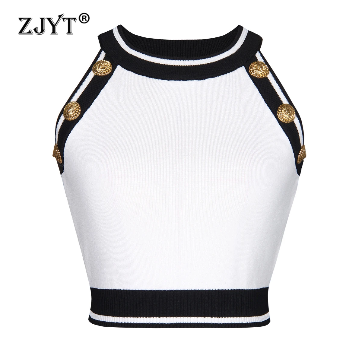 ZJYT Fashion Summer Women\'s Sleeveless Knitting Crop Tops Color Block Halter Buttons Sweaters Skirt Knitwears Female 2024