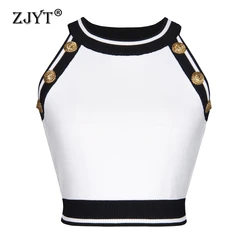 ZJYT Fashion Summer Women's Sleeveless Knitting Crop Tops Color Block Halter Buttons Sweaters Skirt Knitwears Female 2024