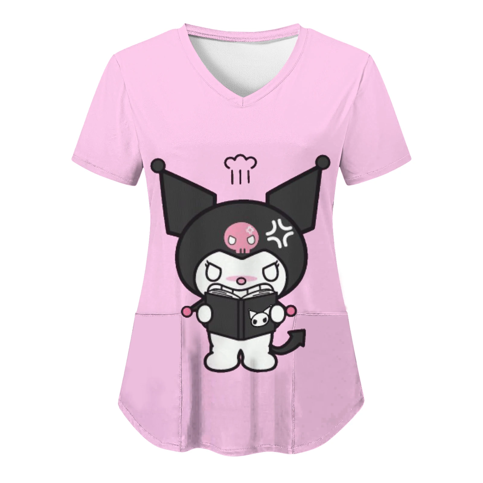 

Kuromi Hello Kitty Sanrio V Neck Hospital Woman Clothing Women T-shirts Summer New Top Pocket Nurse Uniform 3D Print Y2k Cartoon