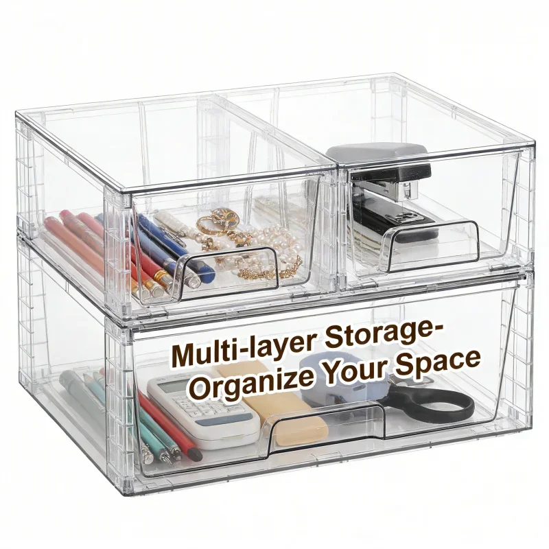 12 Inch Detachable Assembled Transparent PET Cosmetic Storage Box Desktop Makeup Organizer Vanity Holder Wholesale Bulk Supply
