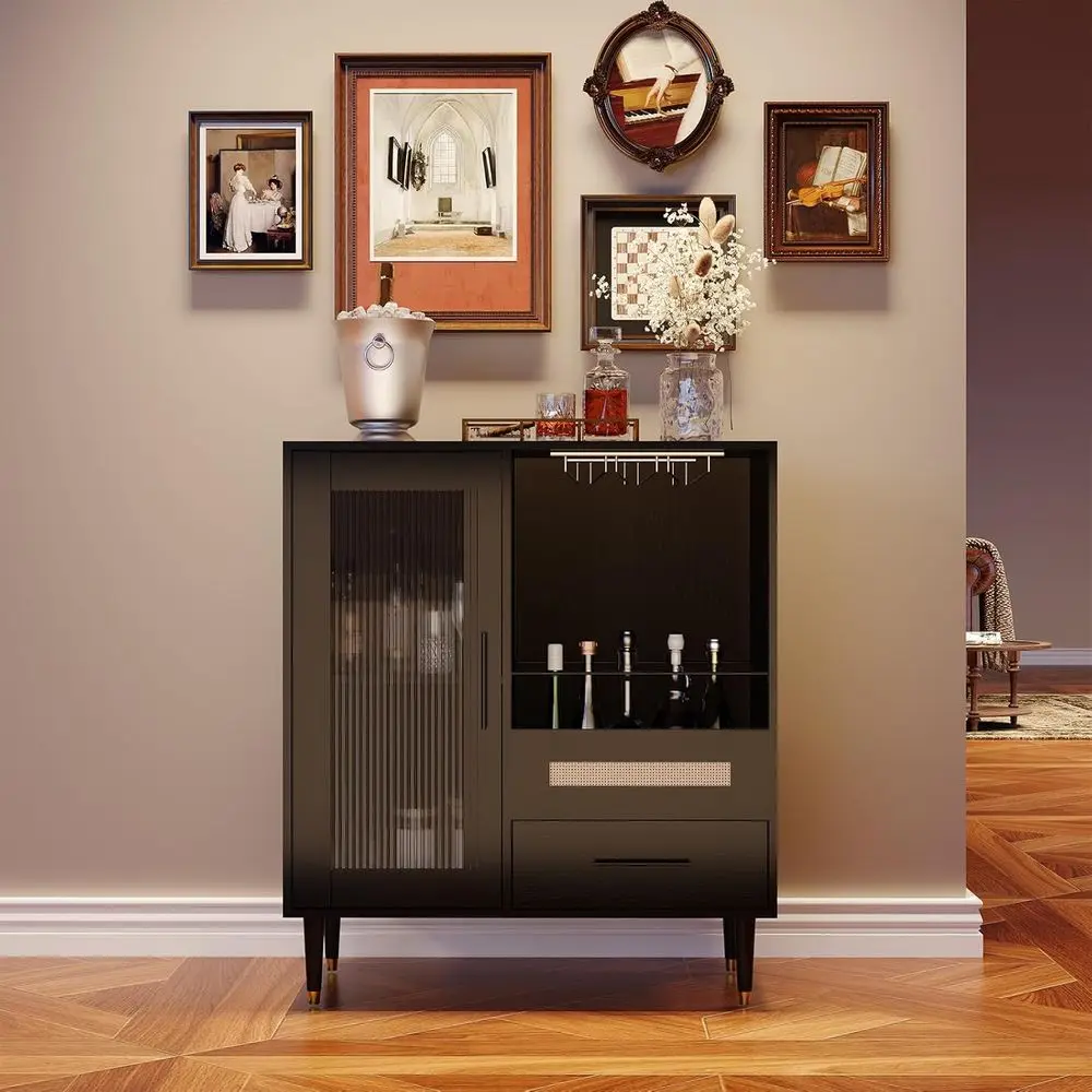 

30.7 Modern Tempered Glass Door Buffet, Dining Room Sideboard with Drawers & Glass Holder for Kitchen & Bar