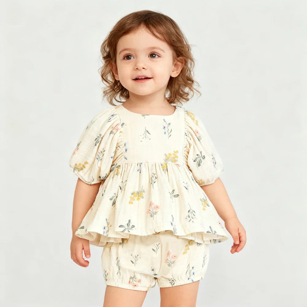 

Летняя одежда для новорожденных девочек, детская блузка с цветочным принтом из органического хлопка + шорты, весенние костюмы для маленьких девочек