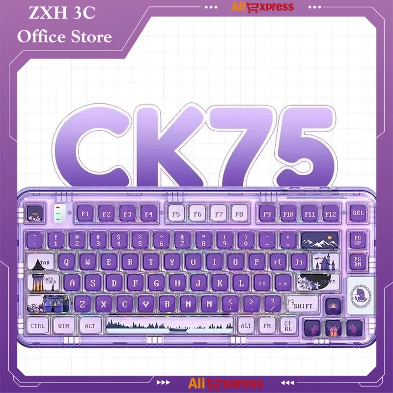 Coolkiller Ck75 Mechanical Keyboard Purple Transparent Pixel Fairy Tale Three Mode Hot Plug Wireless E-sports Game Keyboard