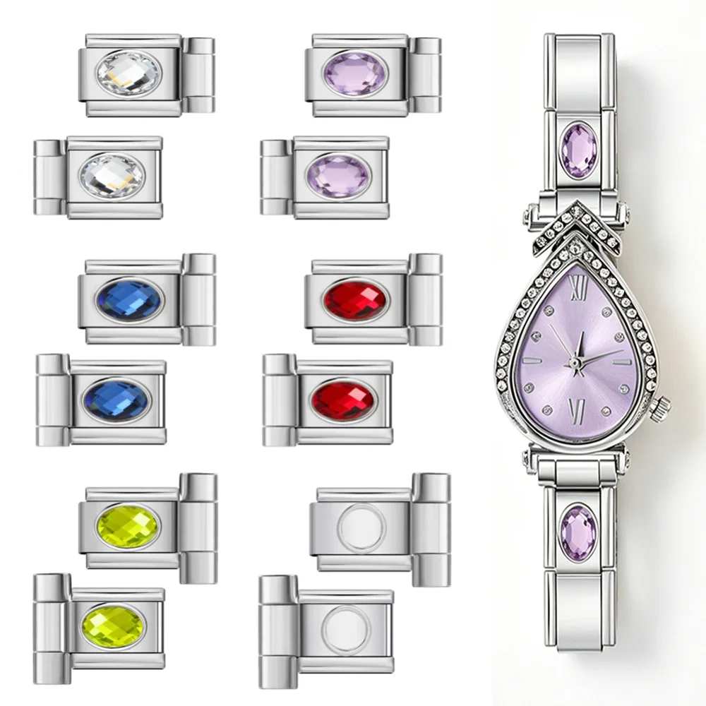 URING DIY Colorful Oval Zirconia Watch Strap Connector Italian Charm Link Fit 9mm Stainless Steel Silver Color Jewelry Making