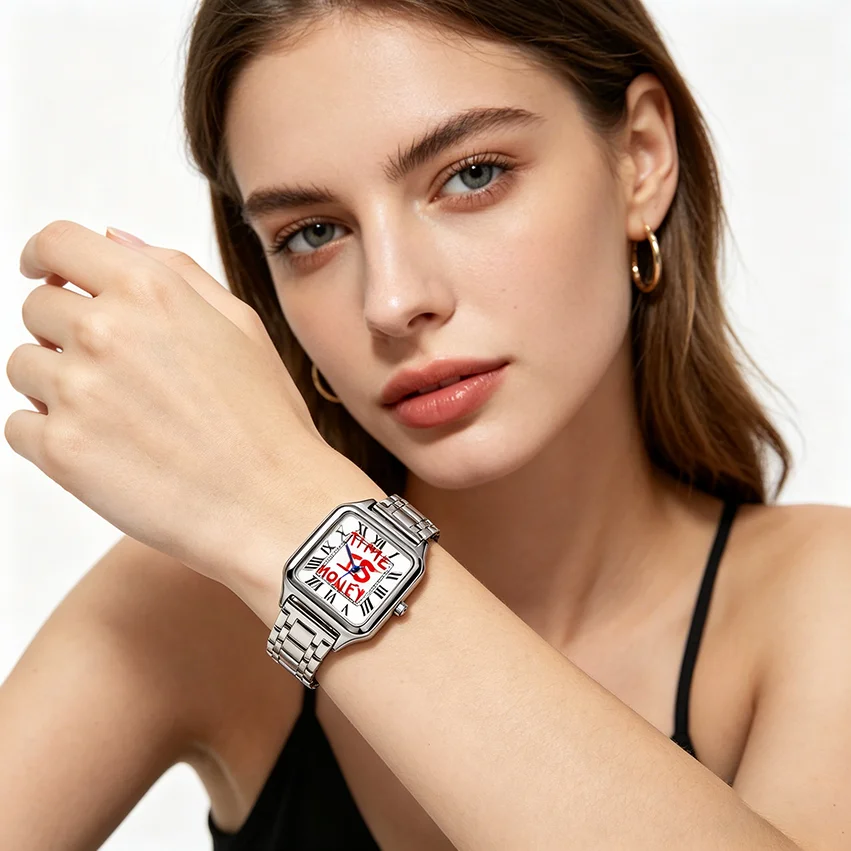 Ladies' Men Square Luxury Watch, Slogan Text on the Large Dial, 30-Meter Water Resistance, Elegant Design, Stainless Steel Strap