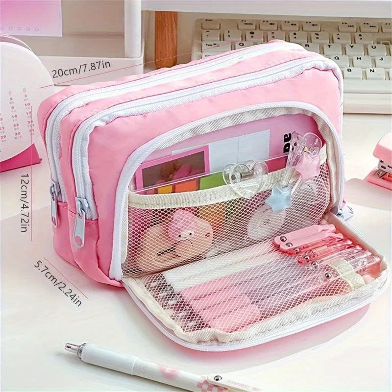 1pc Three layer large capacity windowed pencil case stationery box high aesthetic stationery bag