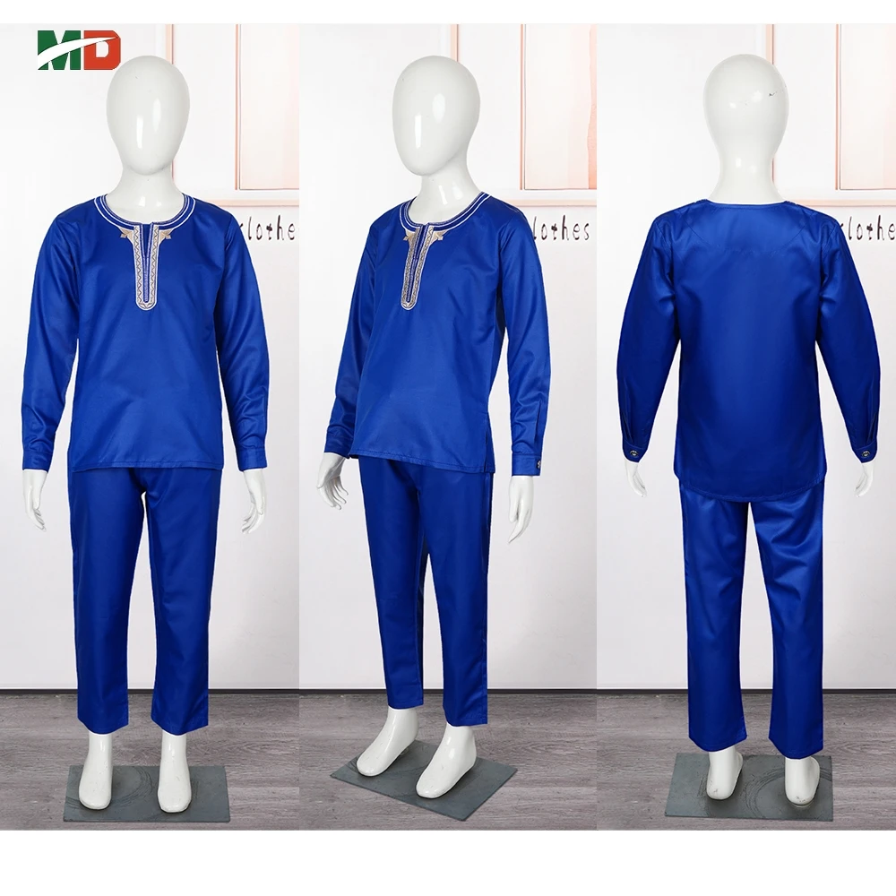 MD 아프리카 아동복 전통 앙카라 대시 키 2-10 년 소년 3PCS 자수 Thobe Fashion Bazin Blue Kaftan 2025