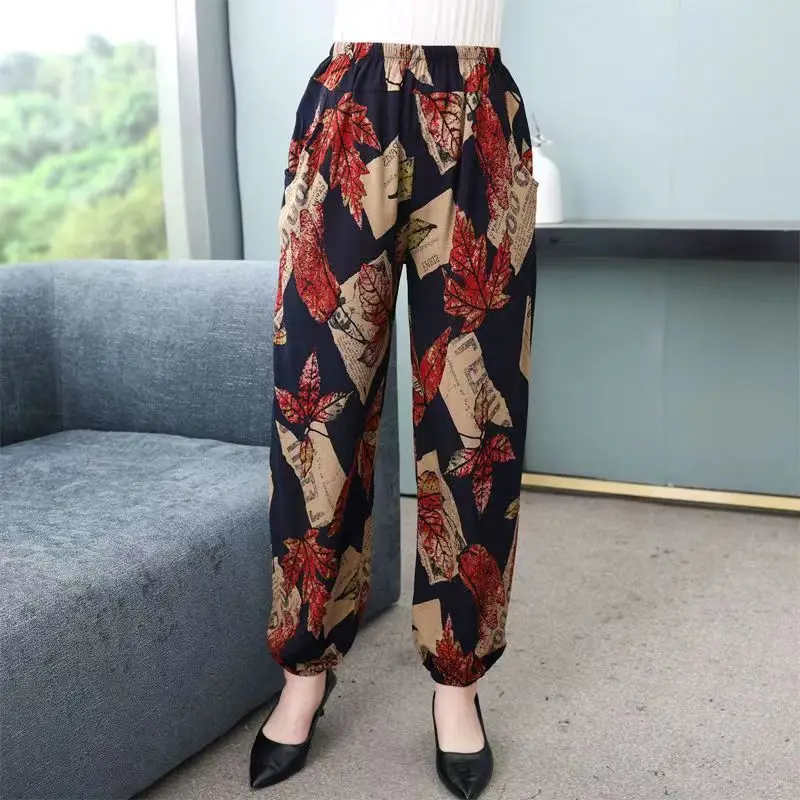 Middle-aged Elderly Women Summer Fashion Vintage Floral Print Oversized Pants Ladies High Waist Cotton Linen Trousers Pantalones