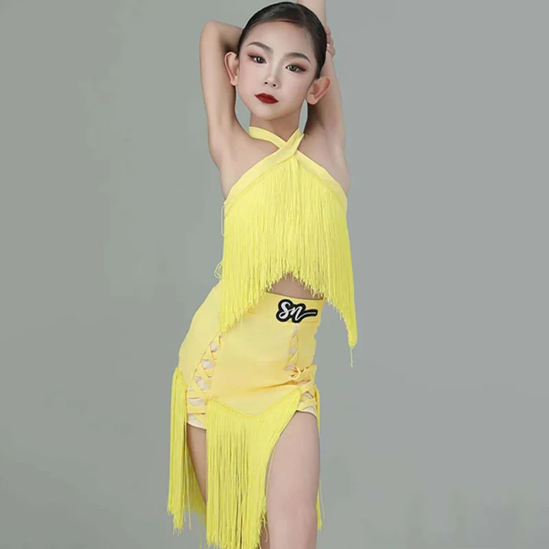 Kids Latin Dance Costume Set Girls Yellow Tassel Tops Skirt Cha Cha Rumba Samba Dance Performance Clothes Stage Wear DNV19749