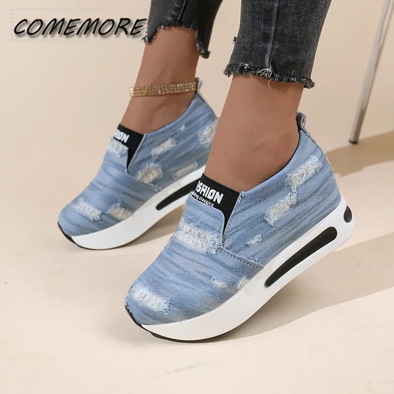 Sapatilhas de plataforma vulcanizada para mulheres, tênis jeans casual, mocassim confortável, tendência da moda, meninas, primavera, verão, 2025