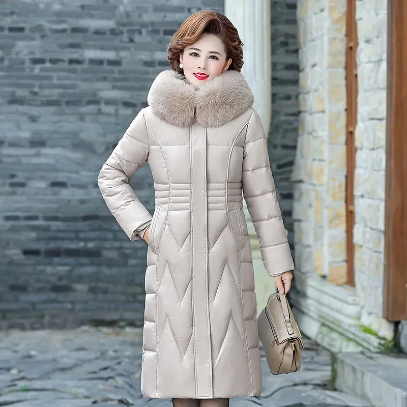 2023 New Mother Winter Jacket Women Parka Fur Collar Hooded Cotton Padded Jacket Thick Warm Long Parkas Female Outerwear