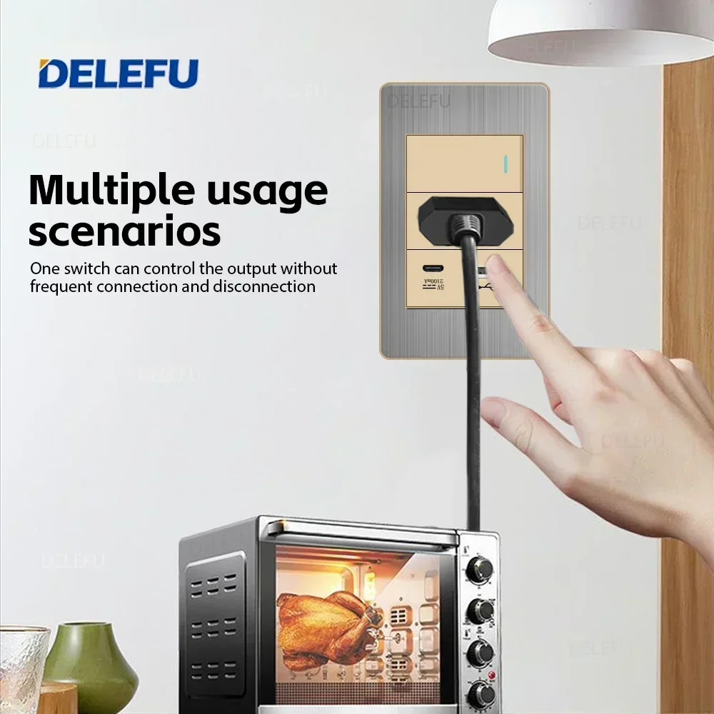 Delefu-Italiaanse Standaard Schakelaar Socket Rvs Gold Border Grey Panel Serie Stopcontact