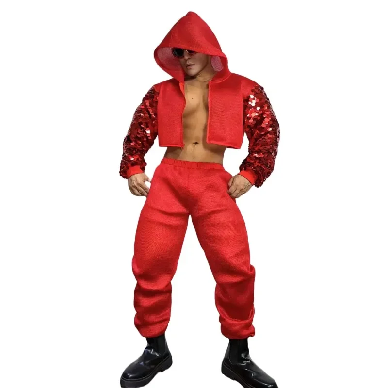 

Nightclub Bar Performance Hip Hop Jazz Dance Red Sequins Hooded Jacket Pants Male Stage Costumes Carnival Party Show Rave Outfit