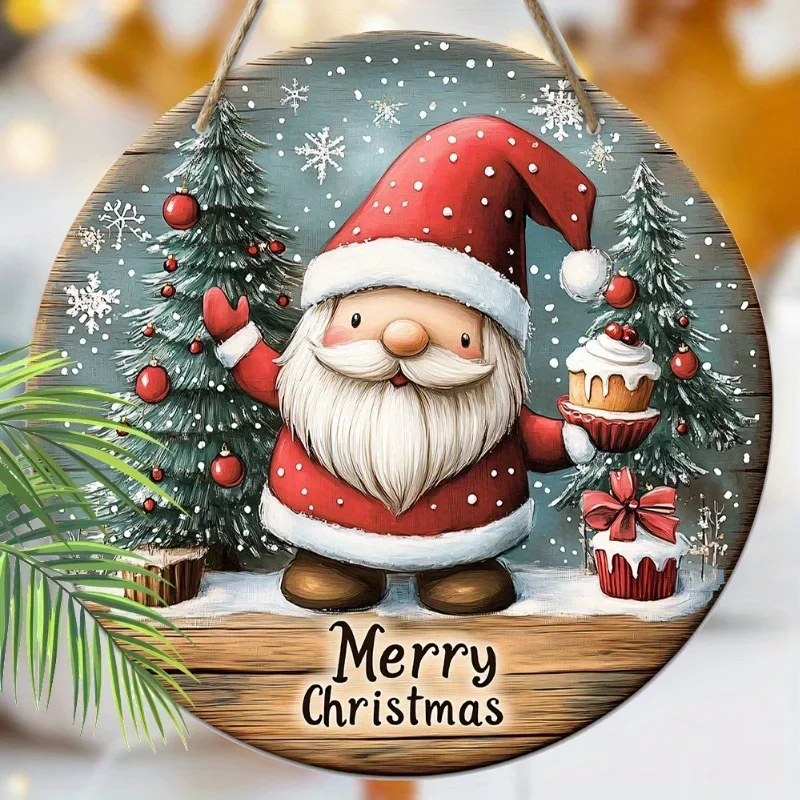 1pc Merry Christmas Red Santa Claus Berry Cake Snowflake Jungle Xmas Wood Porch Wreath Hanging Print Sign Painting Home Fence