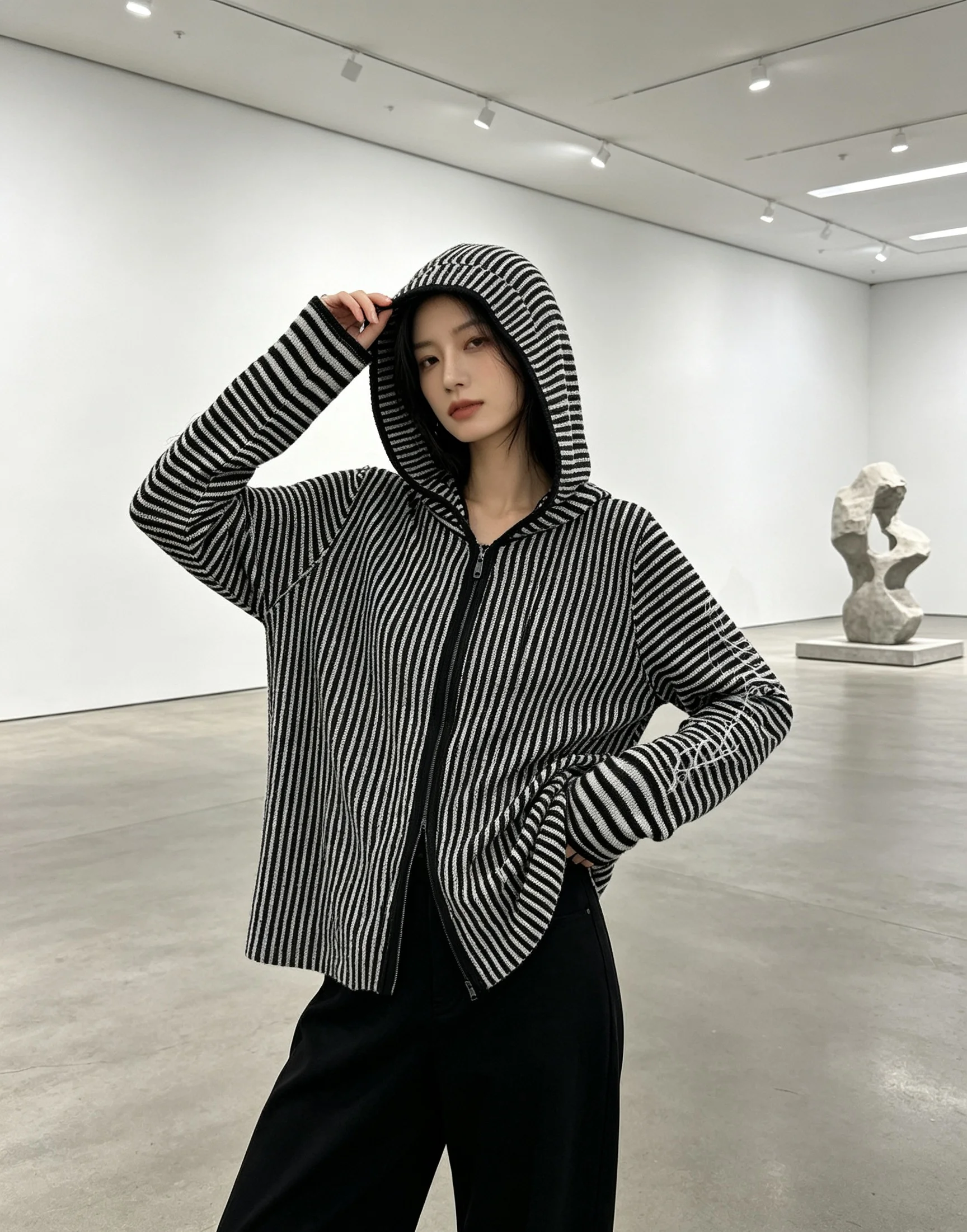 Women Y2K Grunge Black White Striped Zip-Up Hooded Cardigan Cursive Letter Print Long Sleeve Slim Fit Goth Alt Aesthetic Casual