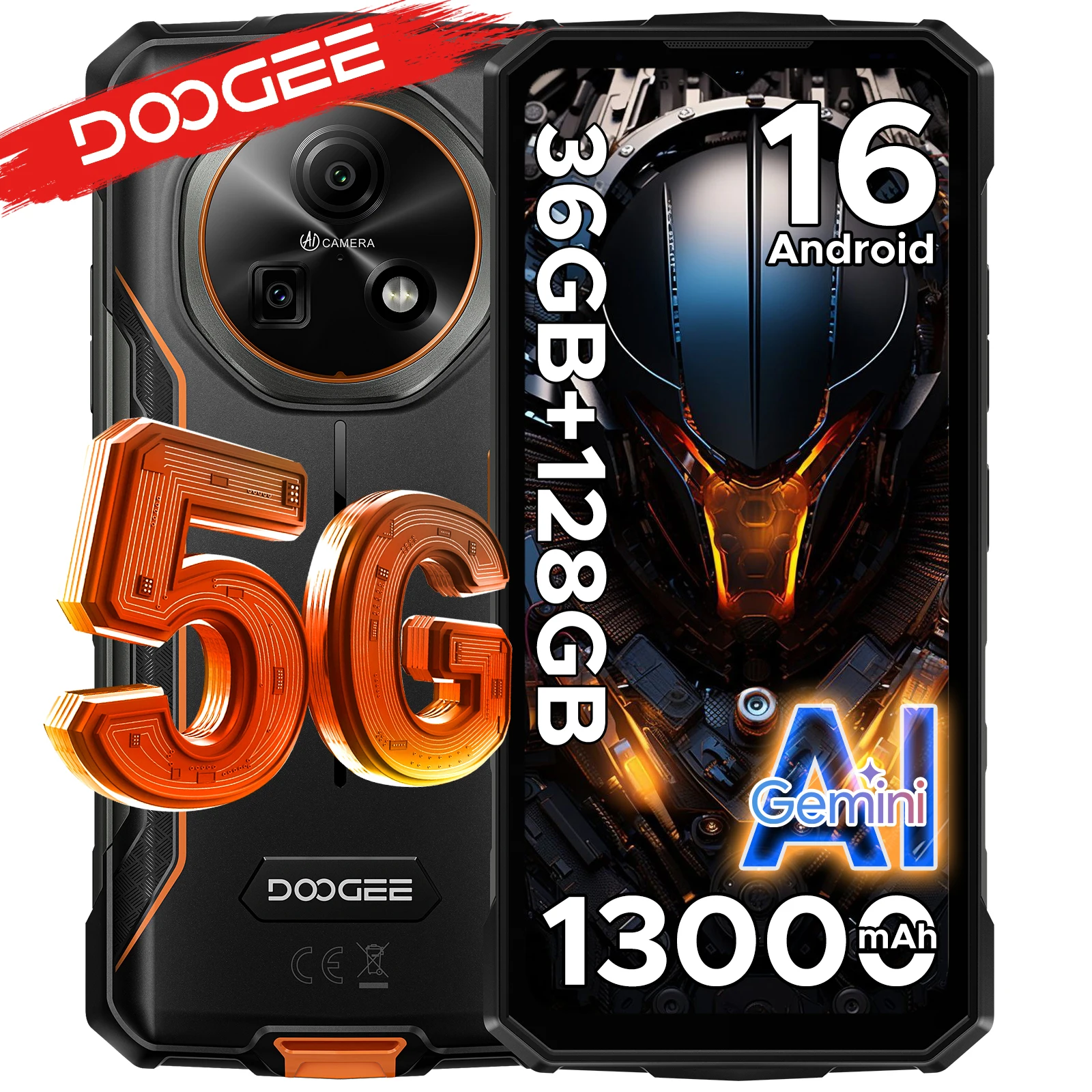 Telefono robusto DOOGEE Fire 7 5G Gemini AI 36Go (6 + 30) 128 Go batteria mAh dimension Smartphone