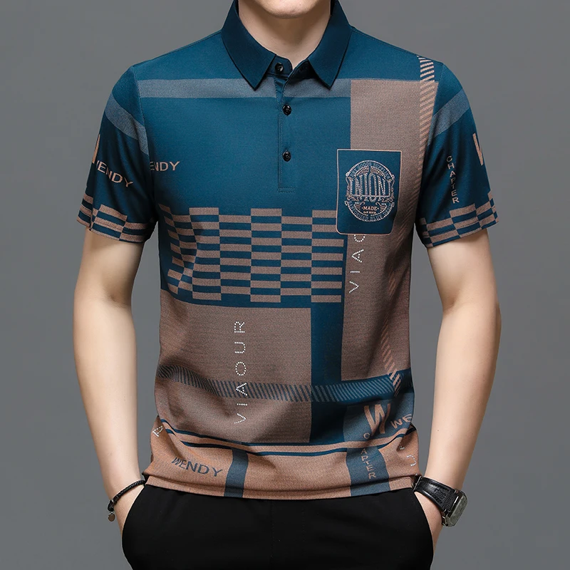 New Summer Men\'s Polo Shirt Business Casual Short Sleeves T-Shirts Turn-down Collar Letter Printing Button Striped Polo Tees