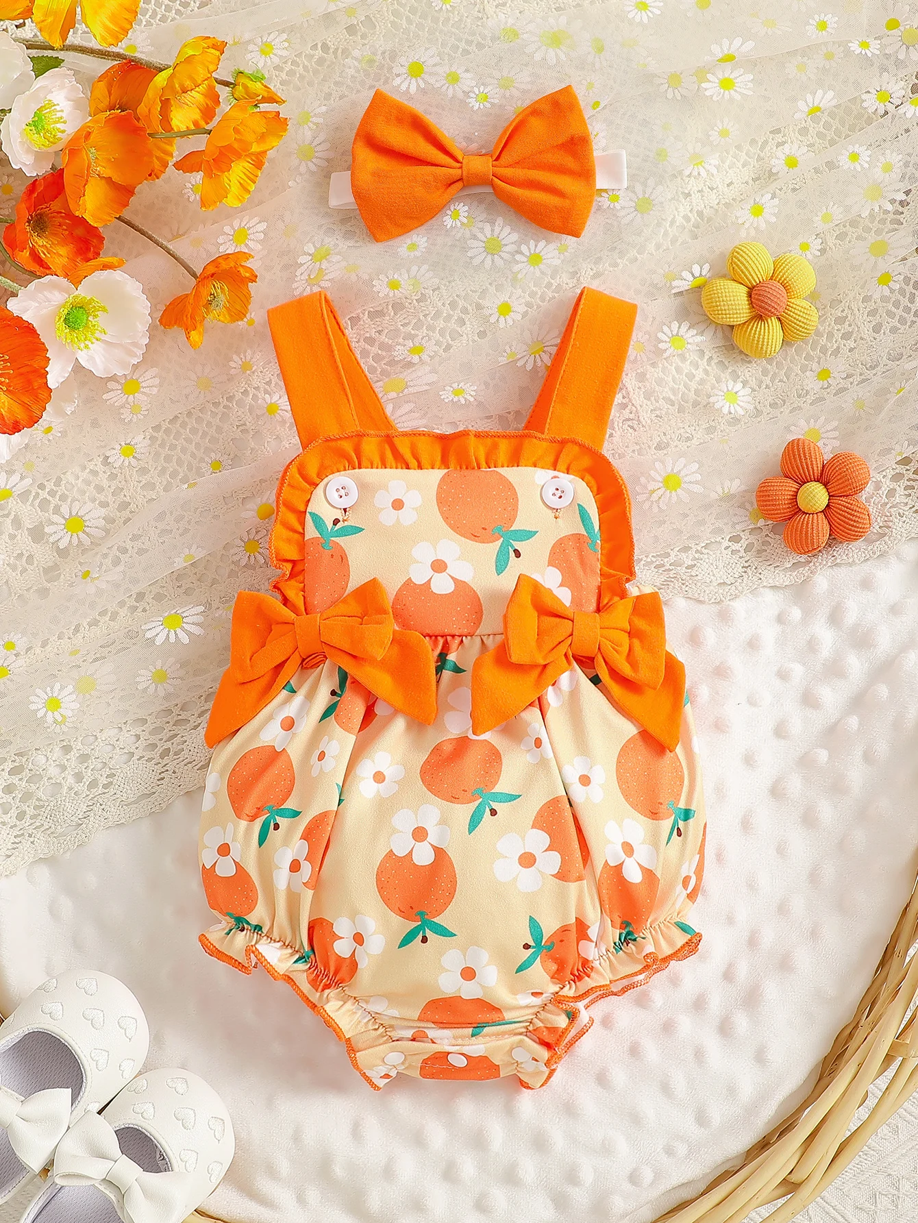 New Baby Girl Sleeveless Casual Daily Cute Large Butterfly Simple Romper with Headband Two-Piece Set