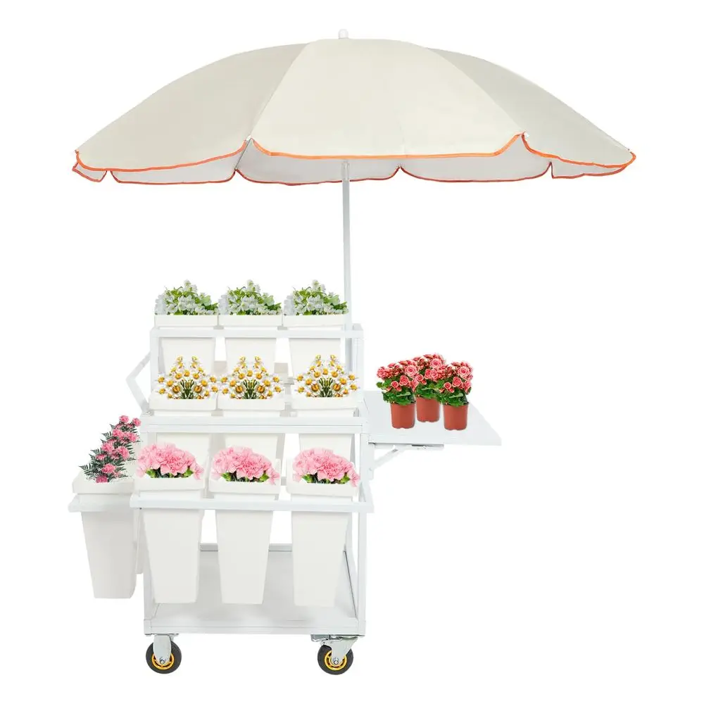 

Outdoor Flower Display Stand with Parasols, Heavy Duty Metal Flower Cart with 18 Buckets, Flower Plant Stand with Wheels, Movin