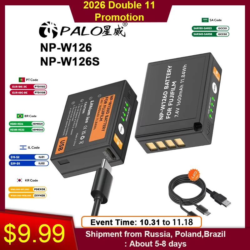 PALO USB NP-W126S NP-W126 Battery For Fujifilm Fuji X100F X-PRO1 X-PRO2 X-A1/A2/A3/A10 X-E1 X-E2 X-E2S X-E3 X-M1 X-T1/T2/T10