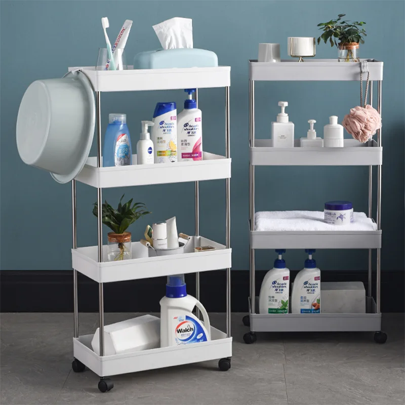 Storage Tower Slim Wheels Floor-mounted Rack Assemble Movable Organizer Bathroom Plastic 2/3/4 Shelf Kitchen Layer Slide