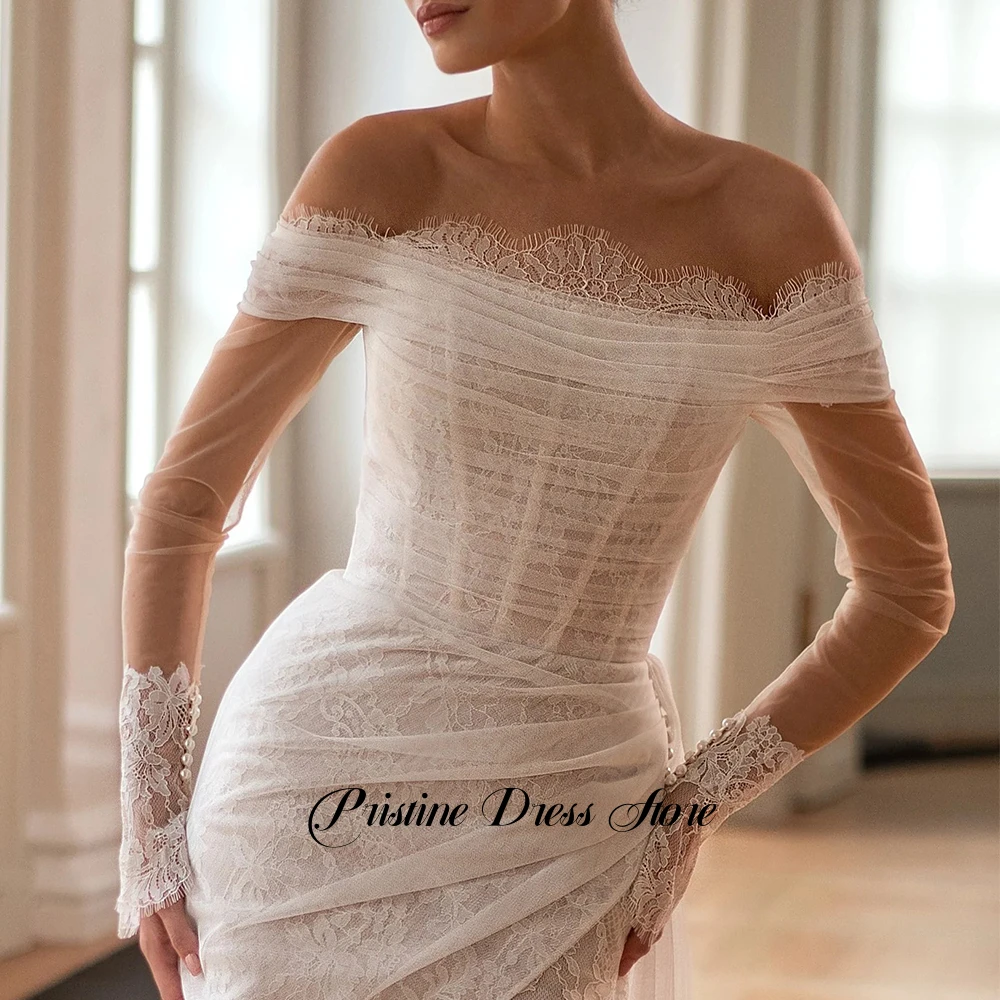 Romantic Lace Sheath Wedding Dress Tulle Off the Shoulder Court Train Zipper Back Customized Bridal Gowns Vestidos De Novia