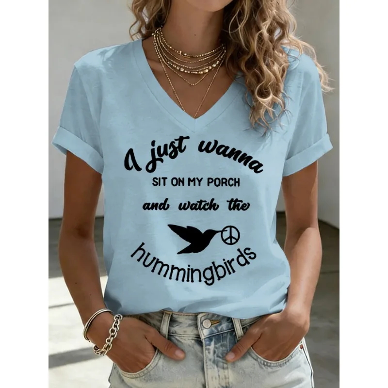 ilstile Women's Humming Birds Print T-Shirts Summer Short Sleeve Casual Loose V Neck Tops Tee White Black New Arrival
