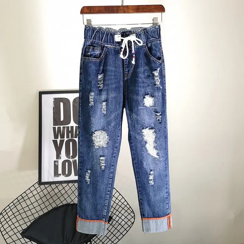 

Broke Jeans Pants Female New High Waist Summer Elastic Waist Students Korean Version Of Loose Pants Straight Harem Denim Pants