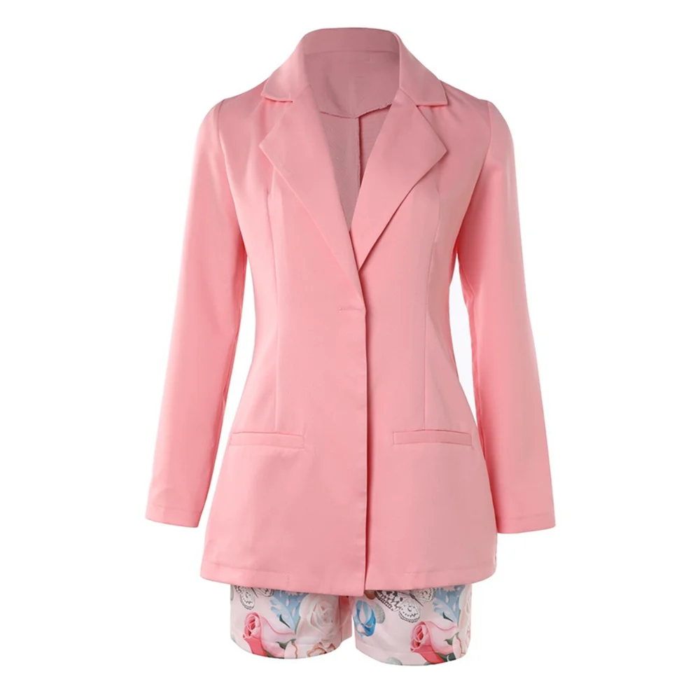 Conjunto de 2 piezas de verano para mujer, chaqueta de manga larga y pantalones cortos informales con estampado floral y cinturón