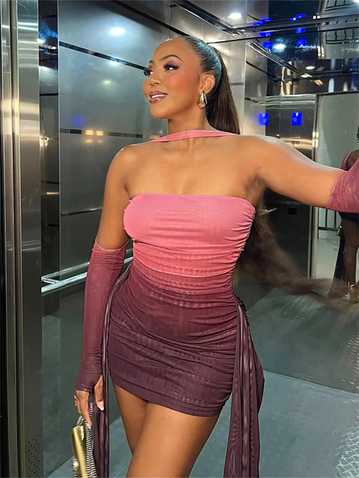 Vestido Sexy Transparente de Verano para Vacaciones con Chal, Mujer con Laterales Fruncidos y Cinta Coqueta, Entallado para Fiesta Nocturna Bodycon 4